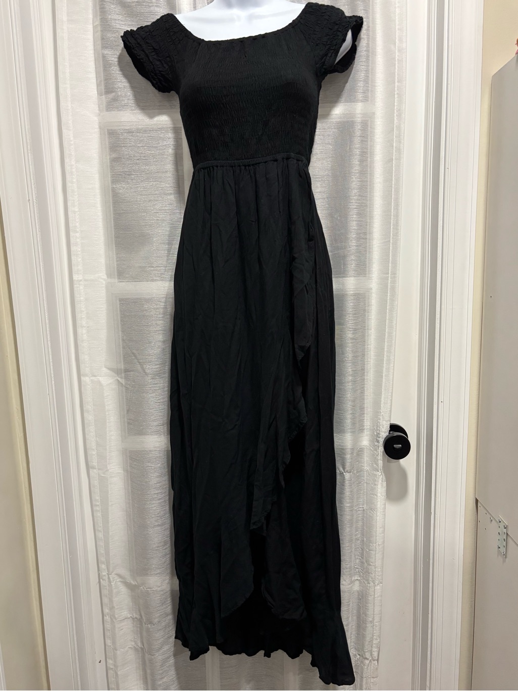Tiare Hawaii Cheyenne Off Shoulder Black Smocked Maxi Dress Ruffle Slit One Size